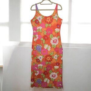 Sigrid Olsen floral orange tank maxi midi 90s grunge floral tropical dress
